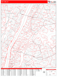 New York Wall Map Zip Code Red Line Style 2024